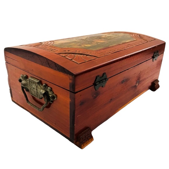 Antique Hand Carved Wooden Western Scene Covered Wagons & Cowboys Keepsake Box - Picture 9 of 11